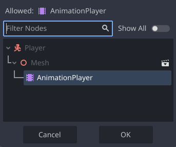 Selecting the AnimationPlayer node for the AnimationTree